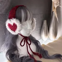 現品限り　ハート　イヤーマフ　赤×白　ロリータ　ハンドメイド　編み物　耳当て