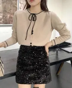 【DHOLIC】リボンツーボタンニットカーディガン/アプリコット