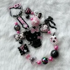 ビーズキーホルダー No.569 黒ピンク×ねこ 小悪魔
