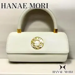 極美品 ハナエモリ フォーマルバッグ ホワイト 筒型 レザー サークル 金具