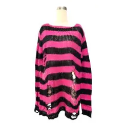 《セーター》ボーダー ダメージ ロング ニット ビビッド【APPAREL】