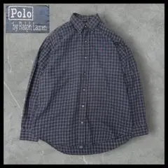 ラルフローレン 刺繍ロゴ 長袖 BD チェックシャツ Lネイビー系