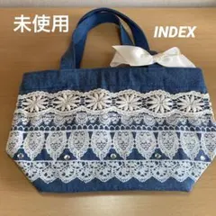 【未使用】INDEX トートバッグ ①デニムブルー　レース装飾のサムネイル