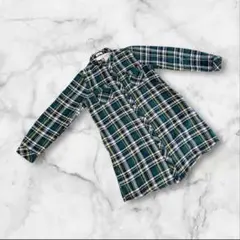 ロングシャツ　L サイズ　ネイビー　グリーン　チェック柄　厚手　裏起毛