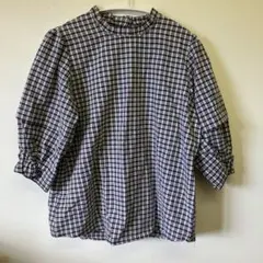 大人可愛い ギンガムチェック フリルネック ブラウス ボリューム袖 七分袖 黒白