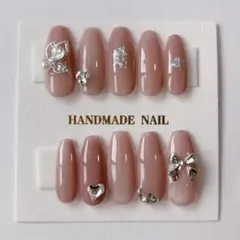 ハンドメイド ネイルチップ リボン ハート ワンホン ちゅるん 韓国