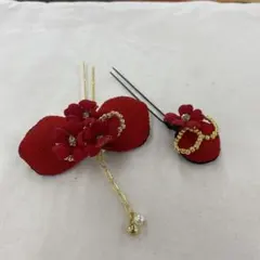 Y6334 赤色リボン型髪飾り・花モチーフ付き 七五三