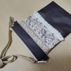 【9月限定販売】インド刺繍リボンのダークブラウンポーチ 16cmファスナー
