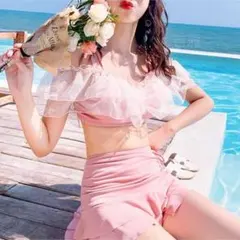 水着 ピンク 体型カバー 可愛い お洒落 ビキニ オフショルダー フレア L