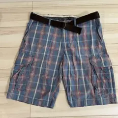 H&M【エイチアンドエム】カーゴショートパンツ 青系 チェック柄 36インチ