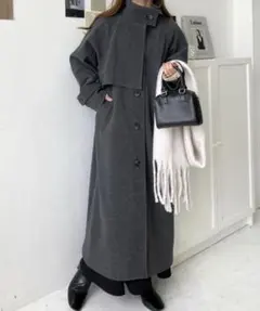 ニットメルトンスタンドカラーケープコート　グレー