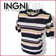 【美品】INGNIイング★透かしボーダーニットカットソー 半袖 軽いストレッチM