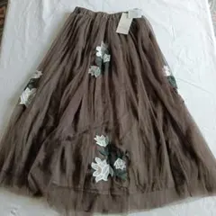rienda 刺繍入りフレアスカート ブラウン 150