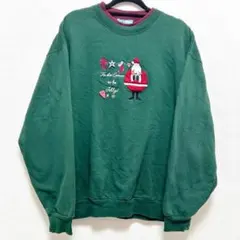 169 サンタ 刺繍 可愛い クリスマス 古着 トレーナー 緑 グリーン