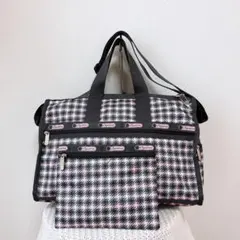 美品おしゃれ ポーチ付きレスポートサック 千鳥格子ボストンバッグ グレー ピンク