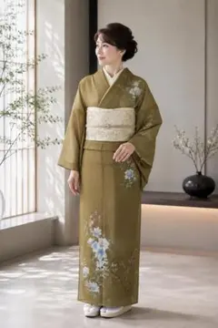 洗える着物 美品 訪問着 手書き友禅 緑 草花文様 お洒落着物 