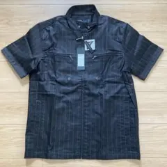 新品　メンズ　バンドカラー　半袖　シャツ　黒　ストライプ