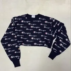 Champion 総柄ロゴ ネイビー チャンピオン スウェット　ショート丈