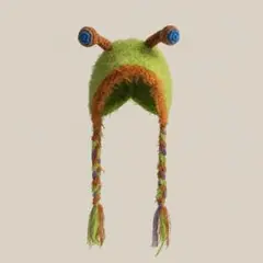 ハンドメイド風 ふわふわモンスター帽子 耳付き ニット帽 グリーン系 個性派