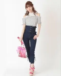 LIZLISA ハイウエスト デニム パンツ ブルー スキニー レースアップ