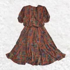 80s 幾何学柄 ワンピース フレア 総柄 半袖 レトロ vintage 古着