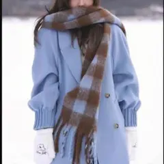 マフラー ストール 防寒 大判 チェック柄 渡辺翔太 青 ブルー フリンジ