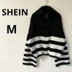シーイン ▶ ハーフジップセーター ニット M 黒 白 ボーダー柄 モノトーン