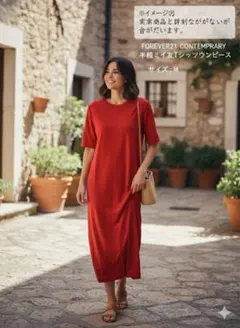 美品 FOREVER21 半袖ワンピース M 赤 レーヨン 伸縮性 膝下丈