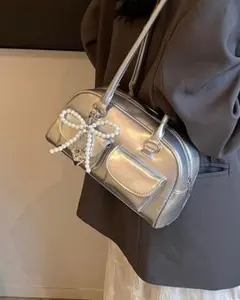 シルバー パールリボン付きハンドバッグ