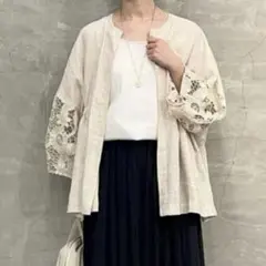 美品　ビアズリー 袖レース　リネン羽織　ベージュのサムネイル