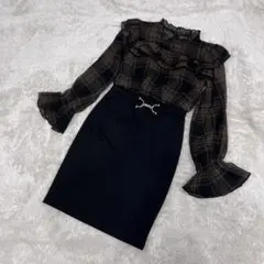 dazzy フリルチェックシフォンベルトモチーフタイトミニドレス　キャバドレス