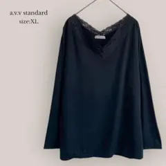 【アーヴェヴェ】a.v.v カットソー　Vネック　レース　大きいサイズ　黒