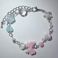 ハンドメイド ブレスレット ビーズブレスレット ピンク 水色 リボン