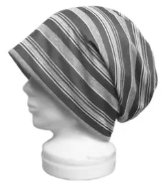 ハンドメイド◆ルーズワッチキャップ(ゆったり)◆変りボーダーニット／グレー系