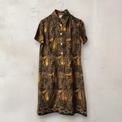希少✨レトロ・バティック柄 半袖 膝丈ワンピース 総柄
