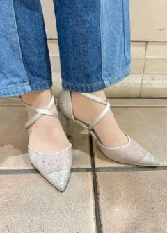 RANDAシルバー パンプス クロスストラップビジュー　Mサイズ