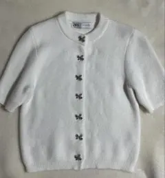 ZARA リボン　半袖　ニットカーディガン