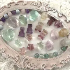 天然石ビーズパーツ売りフローライト・アメジスト・猫、熊、九尾、メリーゴーランド他