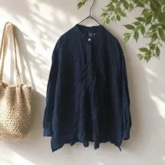 Z【無印良品】プルオーバーシャツ M-L ネイビー 長袖 バンドカラー ゆったりのサムネイル