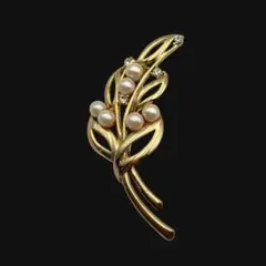 パール クリスタル装飾 葉型 ブローチ 月桂樹 レトロ　ヴィンテージ　AM51