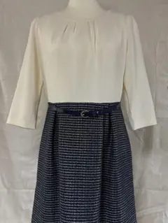 EMMAJAMESホワイト・ネイビー ベルト付きひざ丈ワンピース11号