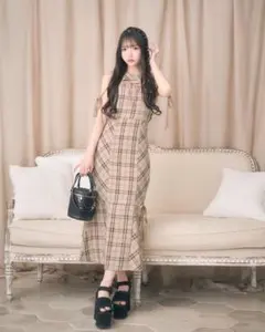 ミシェルマカロン バイアスチェックマーメイドワンピース フリーサイズ F