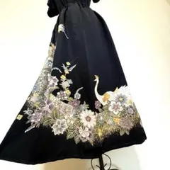 【1点物】美品　着物　リメイク　ロングスカート　黒留袖　鳥　花柄