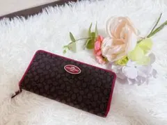 COACH コーチ シグネチャー 長財布 ラウンドファスナー ブラウン レッド