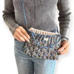 【1点もの】透かし編み×巾着デザインの2wayショルダーバッグ(ブルーミックス)