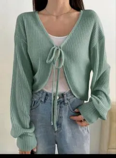 リブ編みミントグリーンカーディガン M
