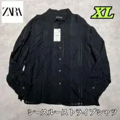 【新品未使用】ZARA/ザラメンズストライプシースルーシャツ/ブラックXLサイズ