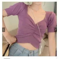 完売　グレイル　grl フロントギャザー パープル 春夏半袖ニット