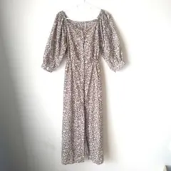 花柄ワンピース　春夏　Sサイズ　ブラウン　パフスリーブ