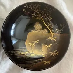 漆器 椀 金色の自然風景と亀 木製 蓋付き